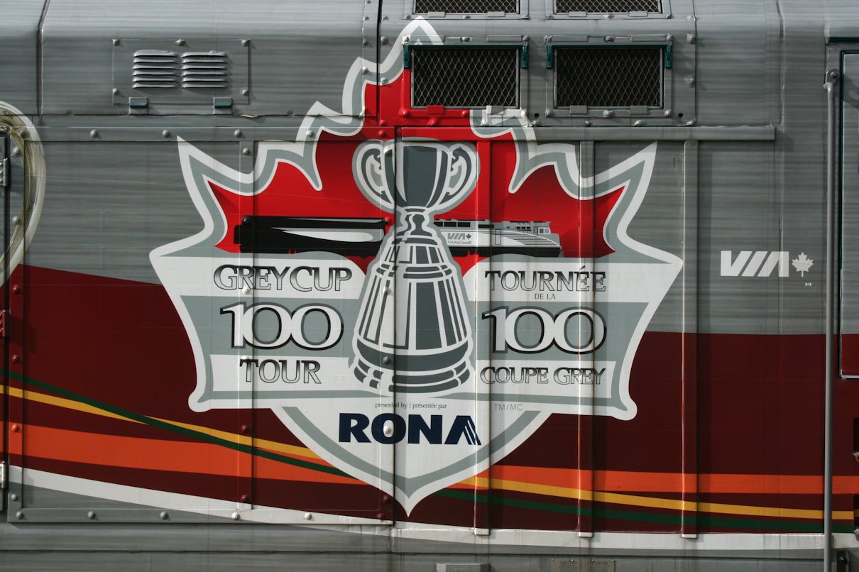 The Grey Cup Centennial Tour logo on VIA 6445.