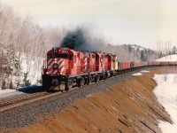  Daily CP/INCO "Job 2" with a long string of empties for the mine at Levack/Onaping, Ontario.
Power is CP 1841, 1837, 3113 and INCO motor 125.