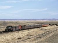 Canadian Pacific H1b Hudson 2816 returning from Saint Paul MN after doublkehead excursions with MILW 261 crosses high plains of western Saskatchewan just west of Maple Creek near Kincorth siding. Cypress Hills are visible in background.
