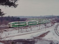 
It appears to most of us the most interesting things happen on the crummiest days weatherwise. This is a classic example of a dull, grey day when an incident at Streetsville closed down the CP mainline and the GO sets, kept at the time by Guelph Junction, had no way to Toronto but to travel down the Hamilton Sub and head to Toronto in time for the afternoon rush by way of CN Oakville. (It was expected the line would reopen for the afternoon return) So here they all are: GO 239,904,721,510,907,906,and 705. (Should be 8?? I must have missed another cab in there somewhere)
The view is from the point overlooking CN Hamilton West and the train is crossing over Hwy 403.
