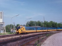 
A nice view of TEE (Trans-Europe Express) trainset #1982 stopped at the station in Washago,ON.  The ONR took delivery of 4 of the 5 trainsets that ran in Europe (the 5th had been destroyed in an accident)in 1976, and trial runs began in May 1977.
Original numbers 1900-1903 were changed to 1980-1983 as not to conflict with CN units on roster, as they ran over CN trackage in part between Cochrane and Toronto.
Winter was tough on these units, as a result the original locomotive was pulled in 1980 and replaced with Northland FP-7As, which ran until 1992, when the complete sets were retired.
Very unique trainsets in the history of Canadian railroading.