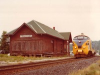 Shown is southbound ONR  TEE-Train (Werkspoor) #1981, one of 4 sets brought over from Europe to handle passenger traffic on the ONR. All four power units were retired in 1980, to be replaced by  ONR's FP7 locomotives. Powassan station survived into the 1980s, used as a storage facility, only to be destroyed by fire.