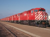New CP SD40-2Fs sit in storage at London, waiting for GMD to fix a prime mover defect.
