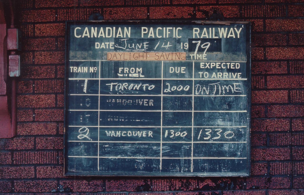 Once upon a time, the traveller could walk up to the station and be briefed on "train time". No looking for phone numbers, no frustration, no worrying about ickets, luggage or a live person to ask questions of.  Just check the Board. Here on the outside wall of the CPR Parry Sound station is the "lineup & time for the once daily Canadian. Agent Jimmie Bell kept on top of things back then.