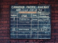 Once upon a time, the traveller could walk up to the station and be briefed on "train time". No looking for phone numbers, no frustration, no worrying about ickets, luggage or a live person to ask questions of.  Just check the Board. Here on the outside wall of the CPR Parry Sound station is the "lineup & time for the once daily Canadian. Agent Jimmie Bell kept on top of things back then.