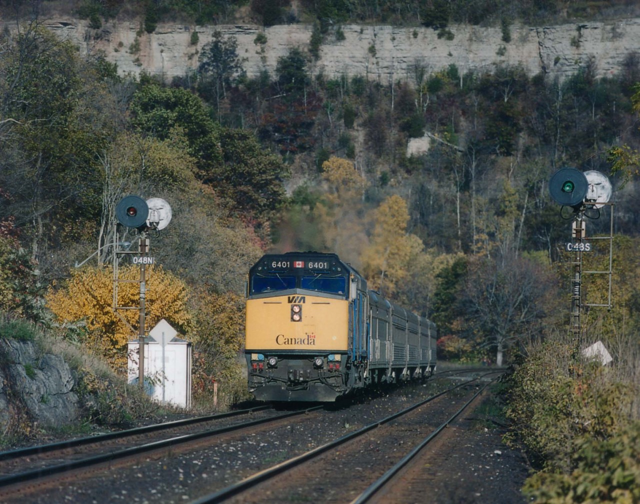 Late afternoon VIA #75 with 6401 westbound up the grade at mile 4.8 Dundas Sub.