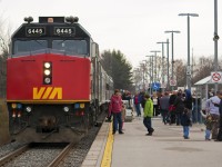 The Grey Cup train sits on display at the Barrie South GO station.