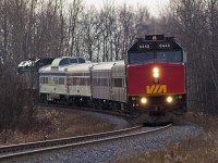 A rare sighting of VIA equipment on the Newmarket sub makes its way north approaching Barrie. 