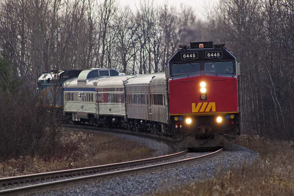 A rare sighting of VIA equipment on the Newmarket sub makes its way north approaching Barrie.