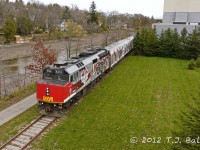 The Grey Cup Special parallels the Speed River in Guelph as they back up to spot at The River Run Centre.