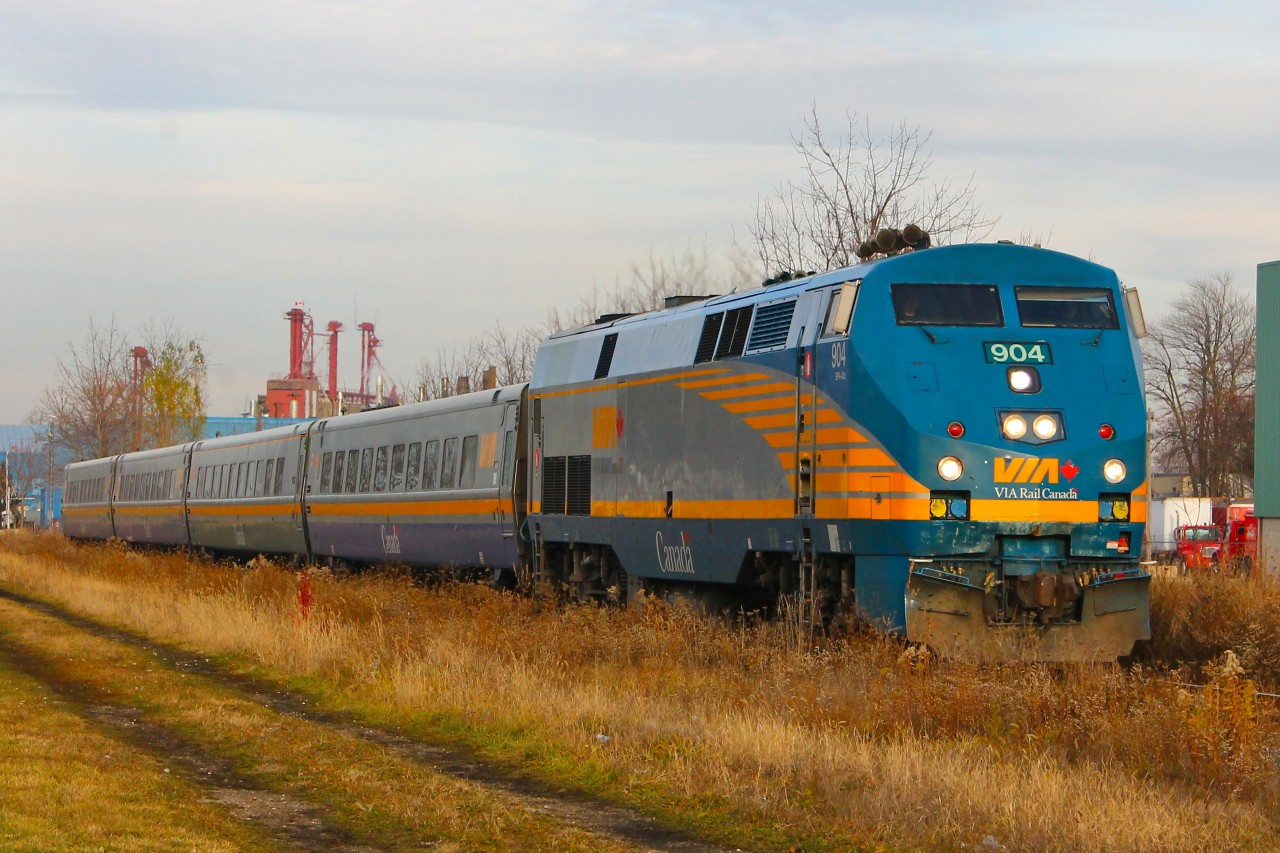 VIA Rail Canada train number 73 is seen rolling into Chatham with a typical P42dc number 904.