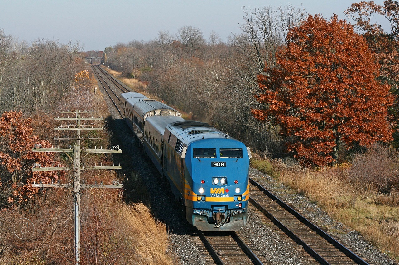 VIA 908 with Toronto to Windsor train 73 approaches the Franks Lane bridge at mile 6.70 on the CN's Strathroy Sub.