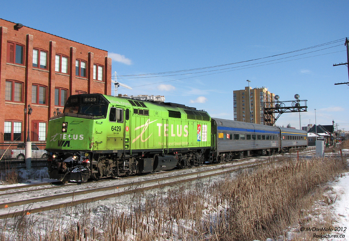 Working a sunny winter's afternoon run on train #85 from Toronto-Sarnia, VIA F40PH-2 6429 (sporting its former green Telus-wrap) departs Brampton Station with two stainless steel "HEP" Budd cars for Georgetown.Today, old 6429 has since been rebuilt and repainted into the more modern VIA scheme, and a number of services on the Toronto-Sarnia VIA corridor have been cut.