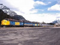 VIA #1 The Canadian is stopped at the station in Banff Alberta 