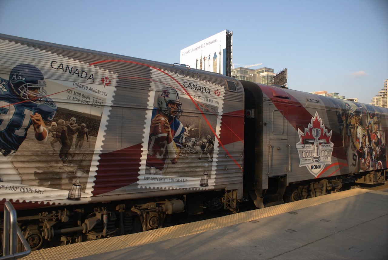 View of two of the exhibit cars that make up the CFL display train