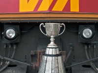 CFL's prized possession sits in front of VIA6445 as the grey cup tour continues with today's stop in Guelph, Ontario. 