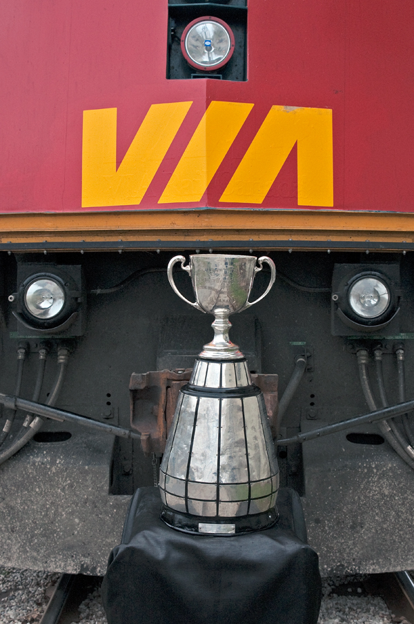 CFL's prized possession sits in front of VIA6445 as the grey cup tour continues with today's stop in Guelph, Ontario.