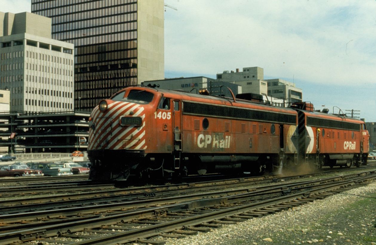 A matched pair of FP9s is the power on today's Canadian, shown here making a light power move for servicing near the Calgary station. Photo by the late Andy J. Broscoe.