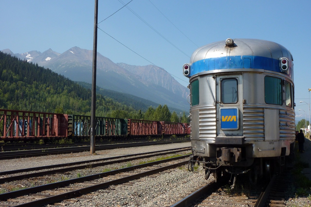 Park car #8702 (Assiniboine Park) at the end of the westbound Jasper-Prince Rupert train. After passing through the relatively flat area of central BC, mountains start to pop up again near Smithers.