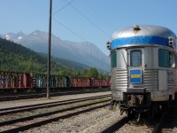 Park car #8702 (Assiniboine Park) at the end of the westbound Jasper-Prince Rupert train. After passing through the relatively flat area of central BC, mountains start to pop up again near Smithers.