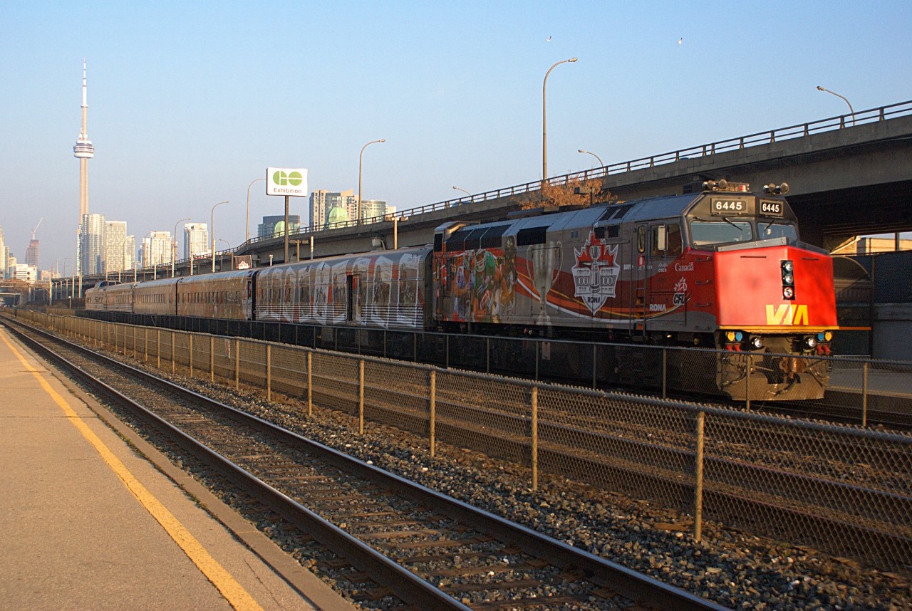 Right side view of the CFL exhibit train at Exhibition GO station.