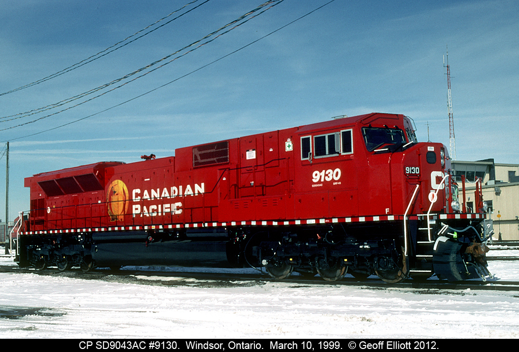 From a "When they were new" point of view, here is CP SD9043AC (as designated on the cab) #9130 sitting in Windsor. 9130 was on hand to do training for the engineers and the maintenance crews in Windsor in March of 1999. Unit was here for about 2 weeks, with 9128 joining it later. The Hostler was moving the unit around and after getting my shots invited me up for a tour and a ride. Nice units, too bad they didn't perform well for CP as I think I would prefer seeing these over GE's rolling by.