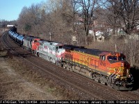 BNSF C44-9W #4749 leads CN train #394 around the S curves in Paris, Ontario while making it's run to Mac Yard in Toronto.