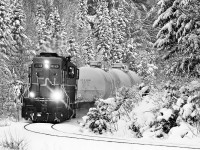 CN 595 hits the big curve at Utterson heading south on one of its twice-weekly jaunts down to Washago/Longford Mills, the day after a bit of a snowfall took away the "blah" from the landscape.