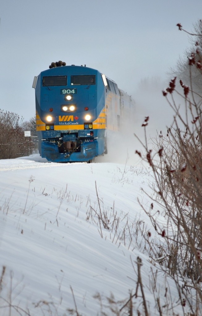 Montreal-Toronto train whipping up a bit of fresh snow.