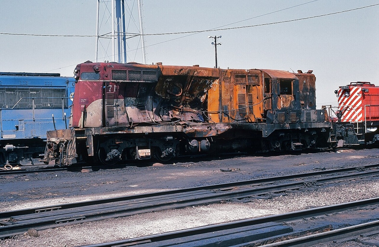 TH&B 71 - the first delivery by GMD London - shows the result of the grade crossing mishap.      
 
[see TH&B 71 one month prior:  http://www.railpictures.ca/?attachment_id=2048  ].

 At Agincourt February 1980.

 Kodachrome by S. Danko.