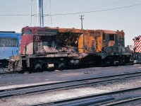 
 TH&B 71 - the first delivery by GMD London - shows the result of the grade crossing mishap.      
 
[see TH&B 71 one month prior:  http://www.railpictures.ca/?attachment_id=2048  ].

 At Agincourt February 1980.

 Kodachrome by S. Danko.

