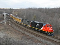 A fresh looking ex Oakway SD-60 leads CN396 at the old Hamilton West interlocking. Trailing is IC 1020-CREX 9056-9033-9037-9043-9027.  