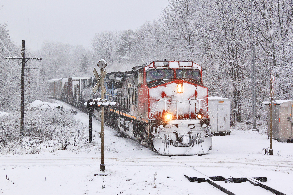 Winter Wonderland: CN train 301 has been battling the elements since early this morning and it shows, especially on the lead unit.