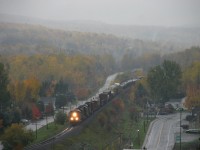 
The 308 with 2 CN , 1 IC and 1 BC Rail engine on way to Moncton NB in Estcourt part of Pohénégamook . Just note , the train's right side , you're on the United States territory and the train's left side , you're on the Canadian territory . The pictures was taken on the Canadian side during a rainy morning !