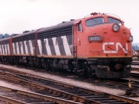 Back in those great days of A-B-A lashups to power the CN version of "The Nanticoke" we have CN 9177, 9195 and 9166 idling by the shop at CN's Stuart St. yard., about ready to put a train together which will be led by 9166 down to Nanticoke and the 9177 returning.  The 9177, retired by 1989 and eventually going to National Railway Equipment; has made the news as one of the F units recently acquired by the Norfolk Southern for use on the Executive Fleet.
