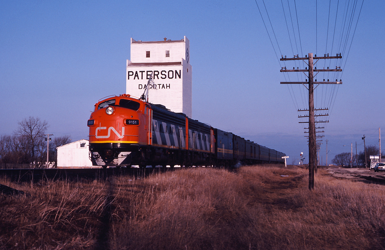 VIA 92 The Hudson Bay from Churchill Manitoba, highballs through Dacotah in the early morning light.