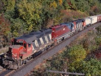 CN's original 'Tunnel Motors' prior to the acquisition of the DMIR and BLE were the 9300 series GP40s, which were typically assigned to Sarnia for service through the Sarnia Tunnel, here we see 9308 leading train 383 through Bayview.