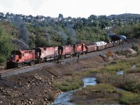 CP 1855 leads on the Nickle Sub, Sudbury, ONT. 9/16/1993

For those interested, here is my Youtube video of this scene, http://www.youtube.com/watch?v=RuBrAnuUiTc