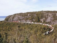CP 5075, with west bound 493 crossing the Little Pic River, at Neys, Ontario.   9/19/1997