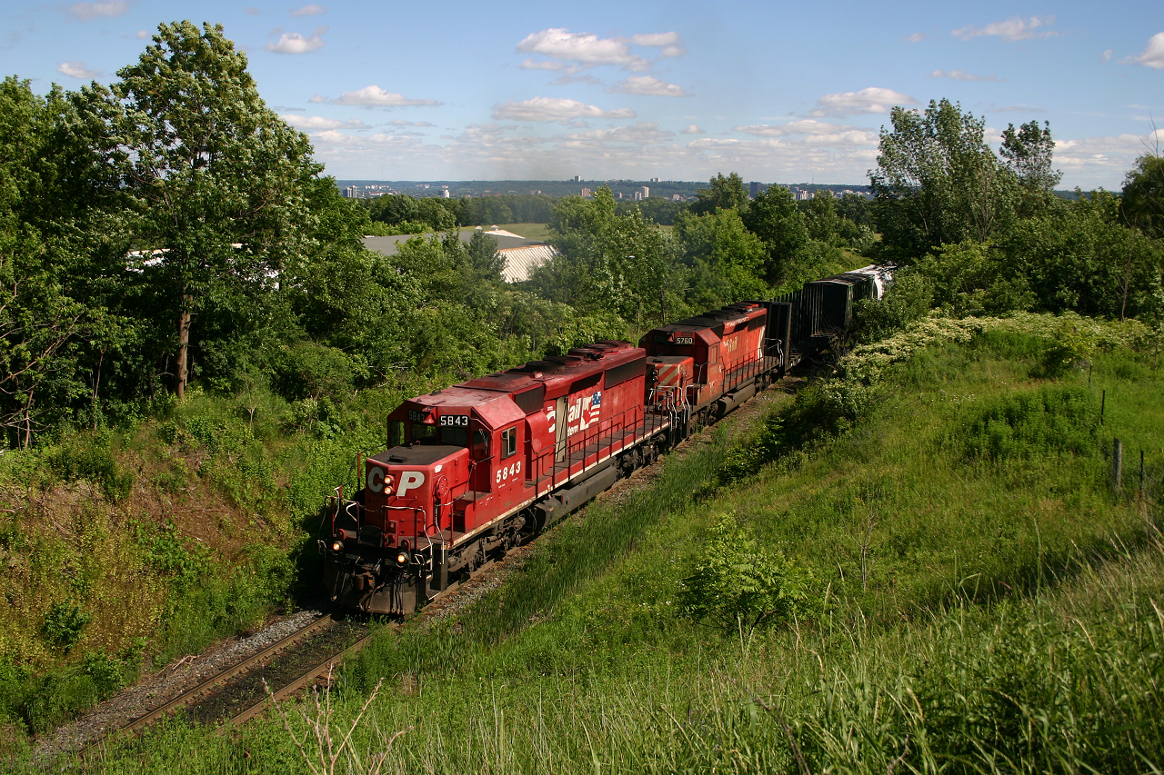 CP 255 climbs the grade out of Hamilton with a pair of SD40-2's.