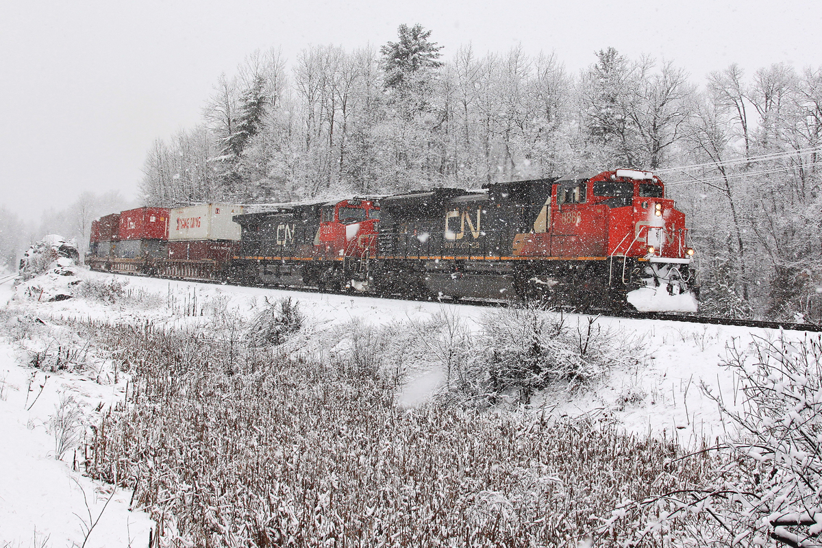 Winter Wonderland: CN intermodal train 112 with a snow covered 8866 on the point, bends around the curve at Rosseau Road.