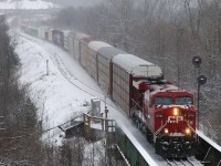 CP 8784 West about to cross the Thames River on it's way to meeting 242 at Nissouri