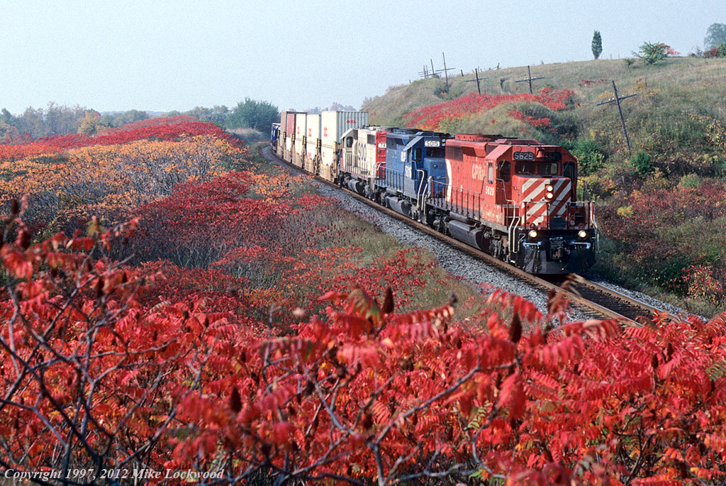 At the height of autumn glory, an equally colourful trio lead CP 2nd 500 near Wesleyville. CP 5629, HLCX 5015, and SOO 746. 1025hrs.