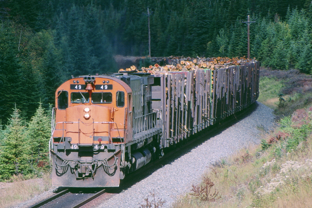 Cartier 49 south bound at mp23 with a log train. North of Port Cartier QUE. 9/18/2001

With a single MLW unit, the sound is VERY close to the sound of a steam locomotive working, Here is my Youtube video of the scene. Enjoy, http://www.youtube.com/watch?v=CkEFYBsTTBc