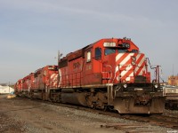 CP 436's power (first 3 SD40-2's) sits with U55's power (2 SD40-2's at the back of the line) at the shops on a beautiful spring Sunday morning in Sudbury. 