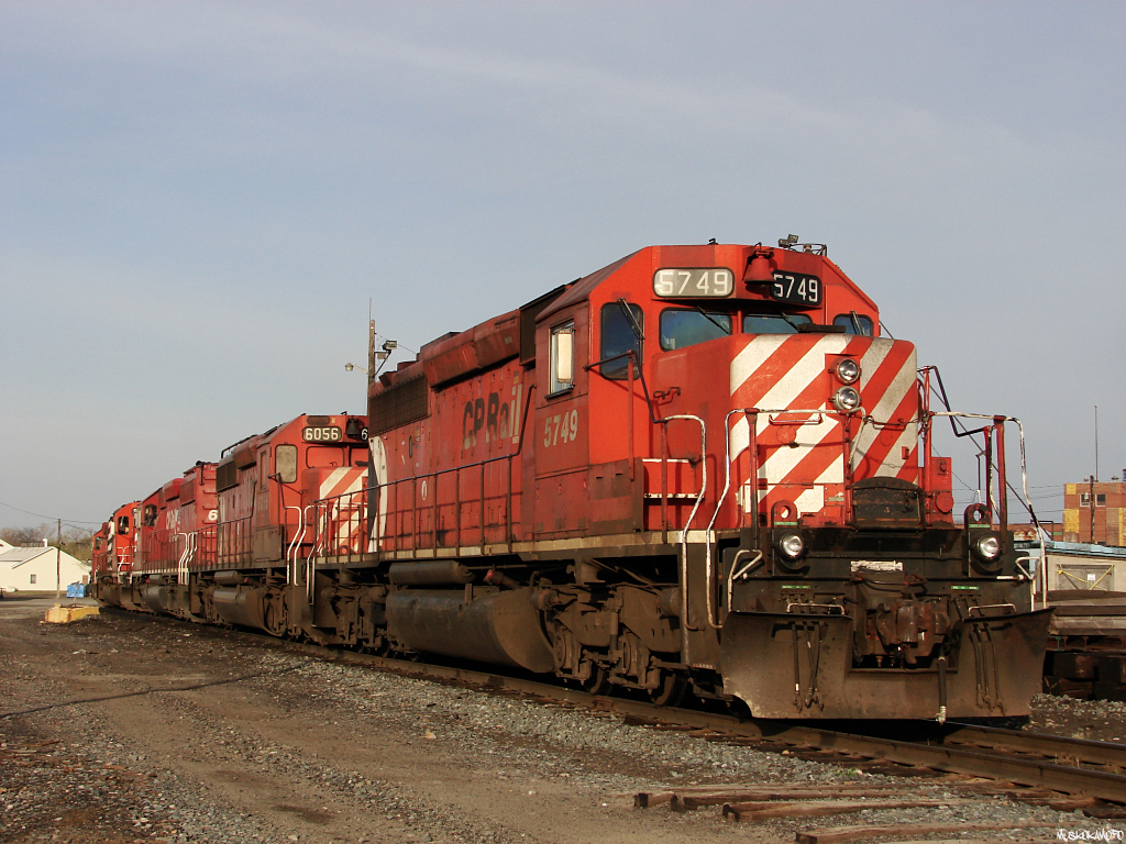 CP 436's power (first 3 SD40-2's) sits with U55's power (2 SD40-2's at the back of the line) at the shops on a beautiful spring Sunday morning in Sudbury.