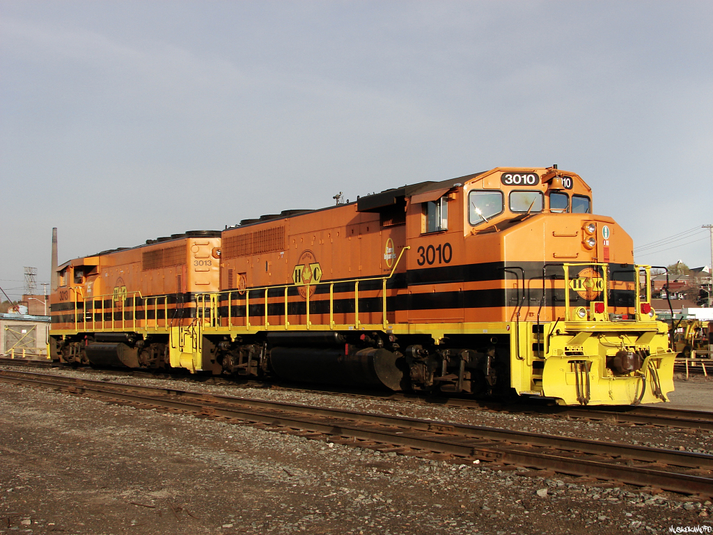 HCRY 3010 and HCRY 3013 laying over at the shops in Sudbury from the previous day's 912 from Sault Ste. Marie, they'll head back to the Soo on train 911 later today.