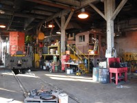 CN 5343 and LDSX 1359 sit inside the LDS round house today. CN 5343 is in for a replacement cab after an accident with a coal chute out west and LDS 1359 is in for paint, renumbering after being completely bead blasted and primered.