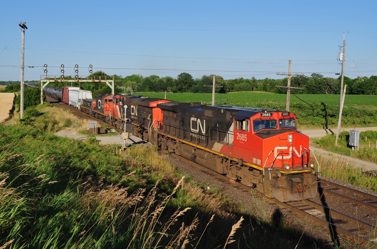A hot humid afternoon at Nith Road near Paris Junction with CN 2685 - 2306 - 7264 - 254 (Dash 9-44CW -  ES 4 4DC - GP9RM - GP9 Slug respectively) proceeding west. July 13, 2011 Image by S.Danko.