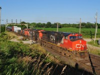A hot humid afternoon at Nith Road near Paris Junction with CN 2685 - 2306 - 7264 - 254 (Dash 9-44CW -  ES 4 4DC - GP9RM - GP9 Slug respectively) proceeding west. July 13, 2011 Image by S.Danko.

